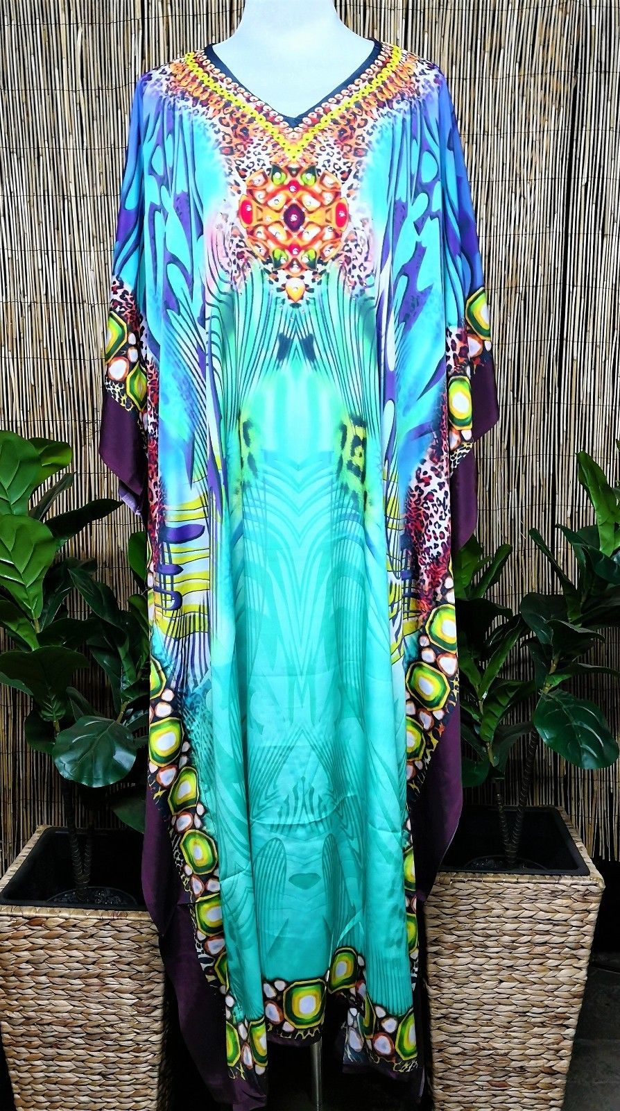 Plus Size Satin-Like Embellished Long Kaftan Dress One Size Fits All 16 to 26