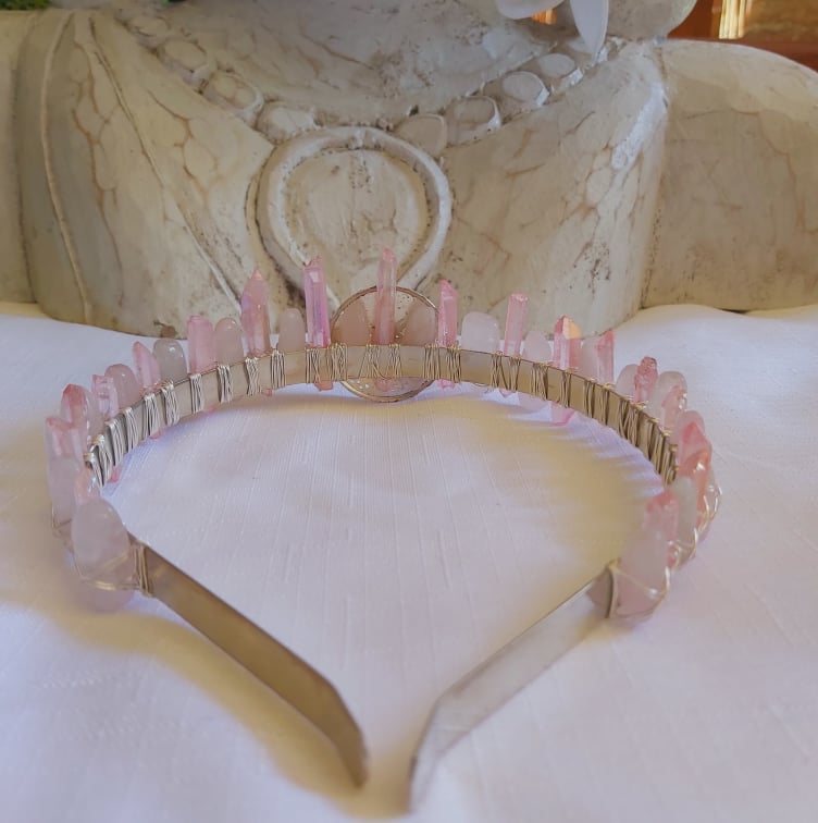 Rose & Aura Quartz Gemstone Crown Tiara Baroque Handmade (CR18)