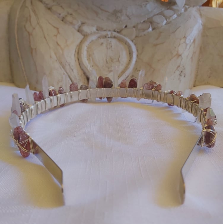 Strawberry & Aura Quartz Gemstone Crown Tiara Baroque Handmade (CR23)