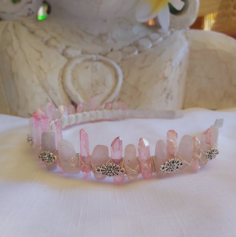 Rose & Aura Quartz Gemstone Crown Tiara Baroque Handmade (CR25)