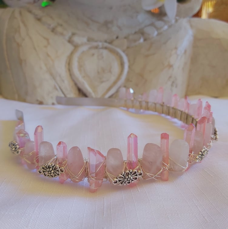 Rose & Aura Quartz Gemstone Crown Tiara Baroque Handmade (CR25)