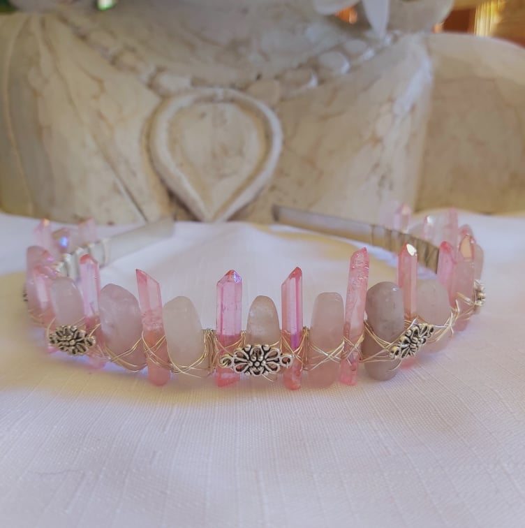 Rose & Aura Quartz Gemstone Crown Tiara Baroque Handmade (CR25)