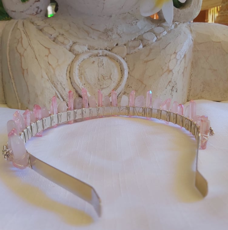 Rose & Aura Quartz Gemstone Crown Tiara Baroque Handmade (CR25)