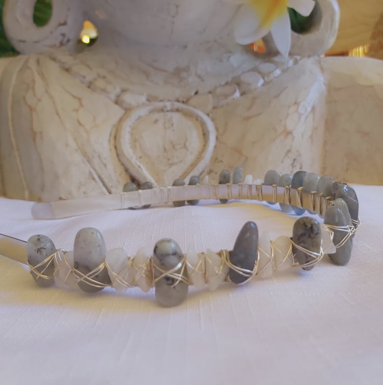 Labradorite & Moonstone Gemstone Crown Tiara Baroque Handmade (CR26)