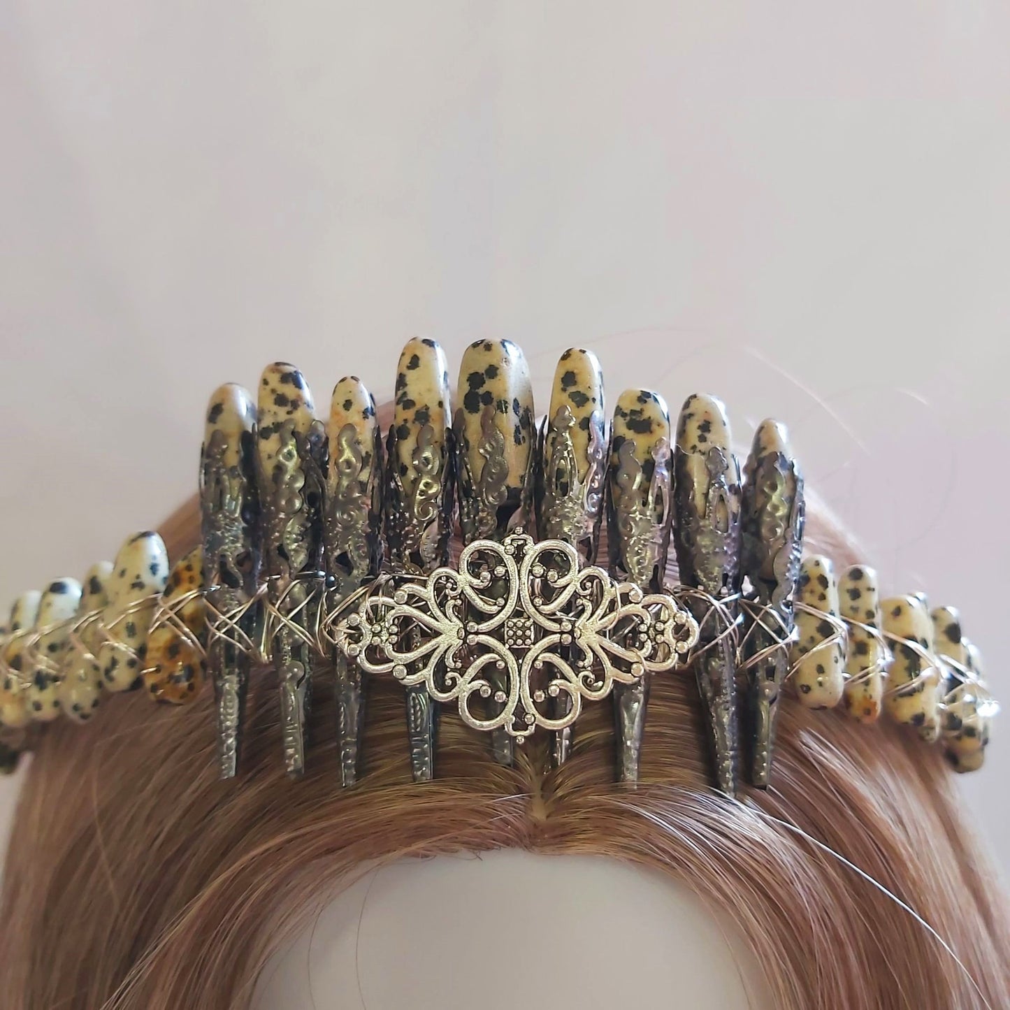 Dalmation Jasper Crystal Gemstone Crown Tiara Handmade (CR41)