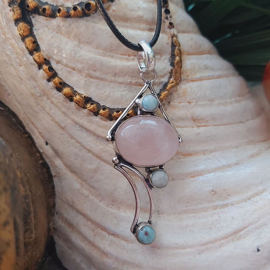 Larimar & Rose Quartz Love Goddess Pendant Necklace (E1402)