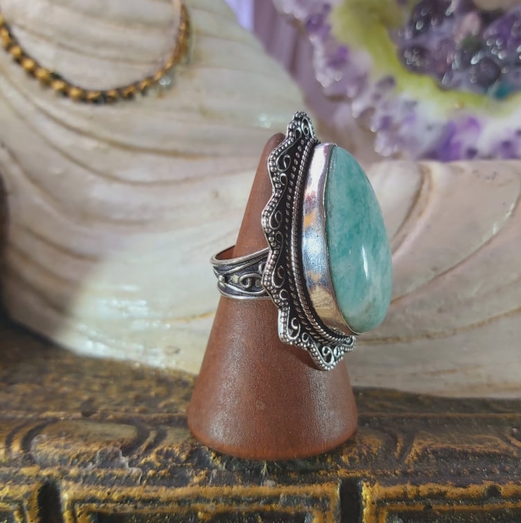 Amazonite Heart Chakra Gemstone Ring US 8 (E1529)