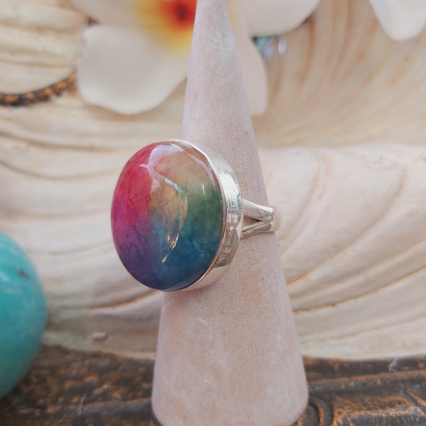 Rainbow Agate Physical Wellbeing Gemstone Ring US 9 (E2229)