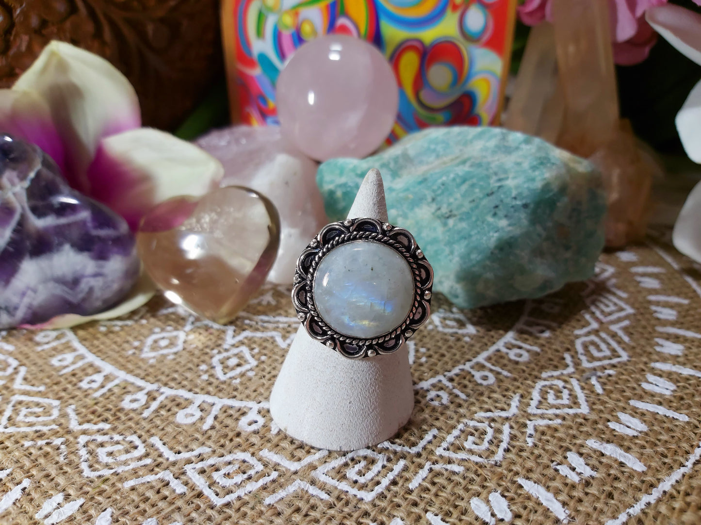 Rainbow Moonstone Ring Size US 8.5 (E450)