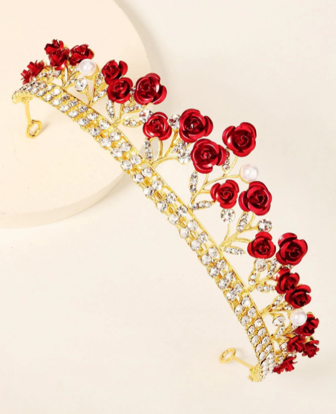 Crown Gold & Red Rhinestones Crystals & Pearls