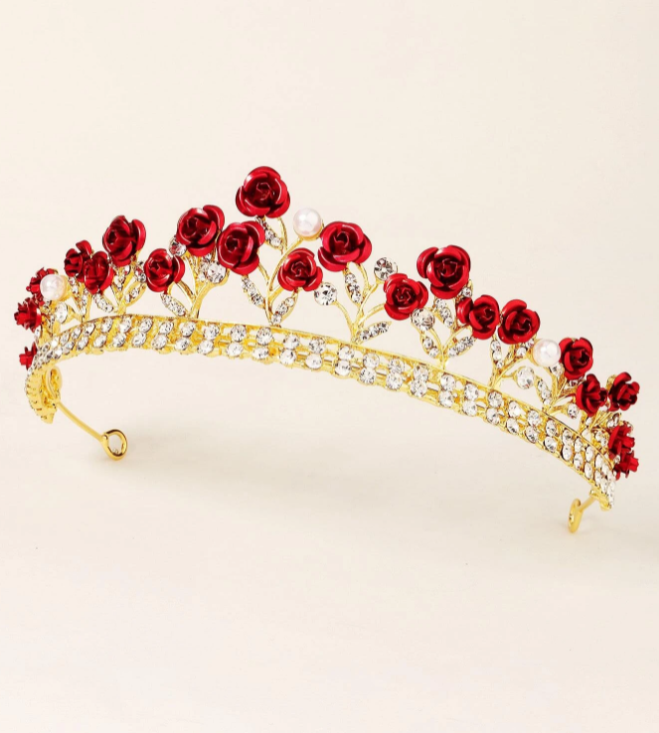 Crown Gold & Red Rhinestones Crystals & Pearls