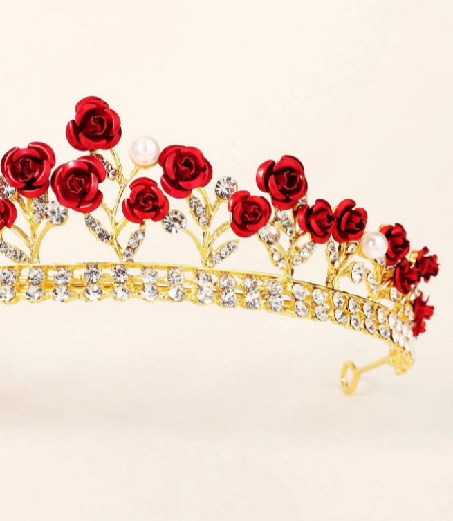 Crown Gold & Red Rhinestones Crystals & Pearls