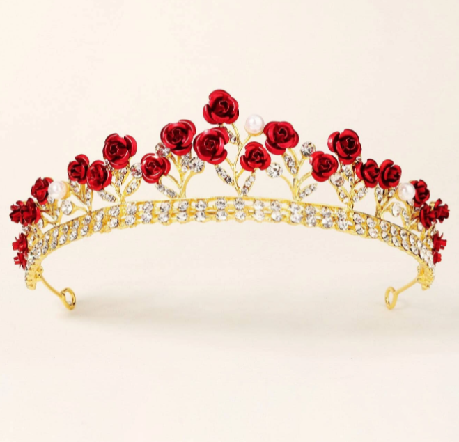 Crown Gold & Red Rhinestones Crystals & Pearls