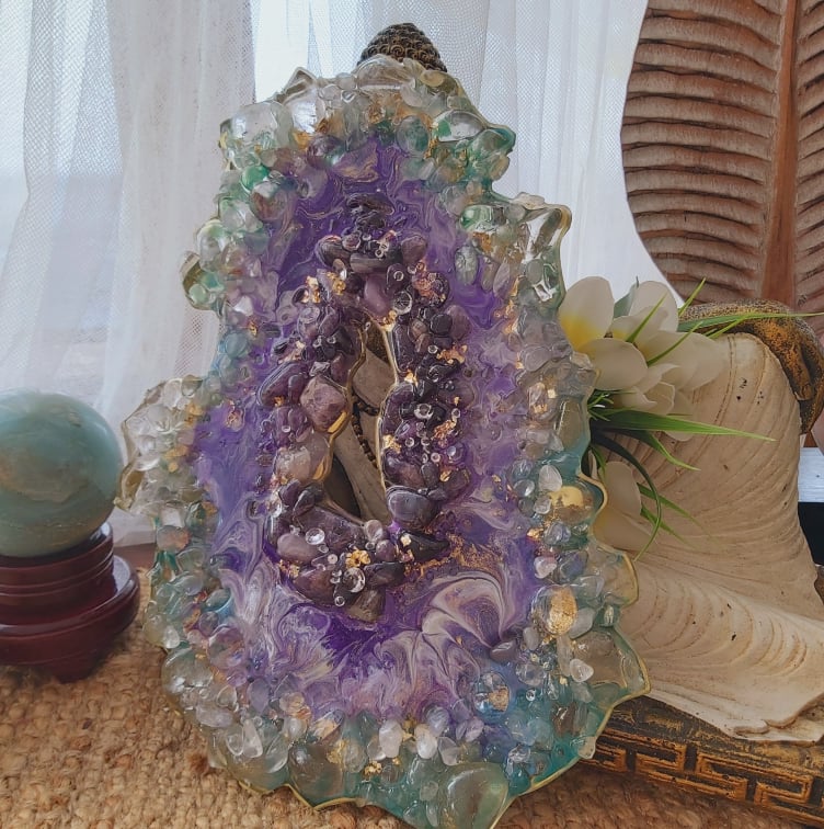 Amethyst & Clear Quartz Gemstone & Resin Geode (GEO2)