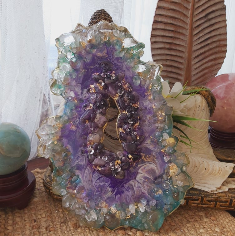 Amethyst & Clear Quartz Gemstone & Resin Geode (GEO2)