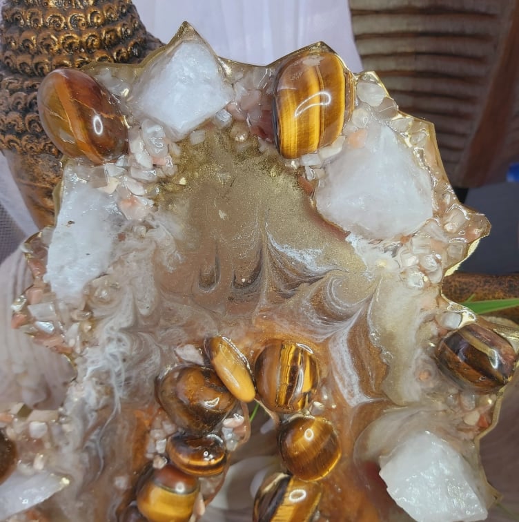 Tiger Eye, Calcite & Moonstone Crystal Resin Geode (GEO5)