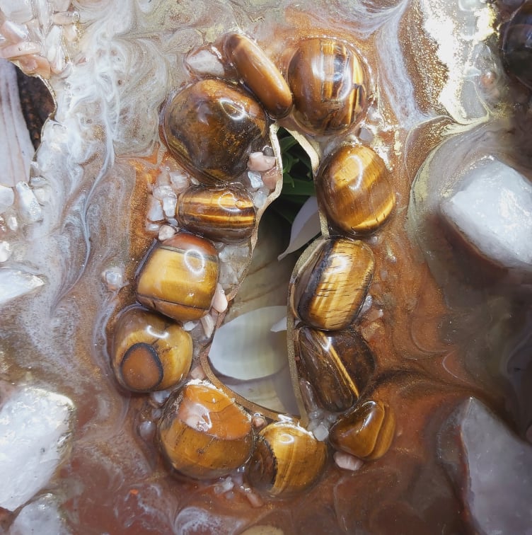 Tiger Eye, Calcite & Moonstone Crystal Resin Geode (GEO5)