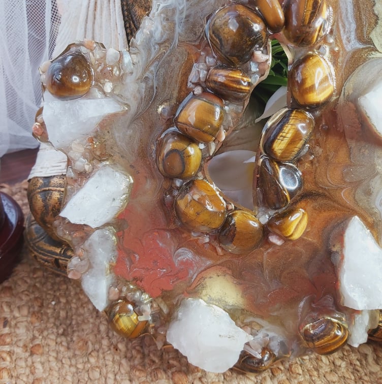 Tiger Eye, Calcite & Moonstone Crystal Resin Geode (GEO5)