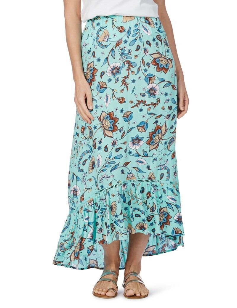 Turquoise Blue Floral Soft Viscose Elastic Waist Ruffle Hi-Low Hem Maxi Skirt