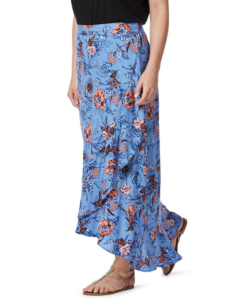 Blue Floral Soft Viscose Elastic Waist At Back Ruffle Hem Maxi Skirt