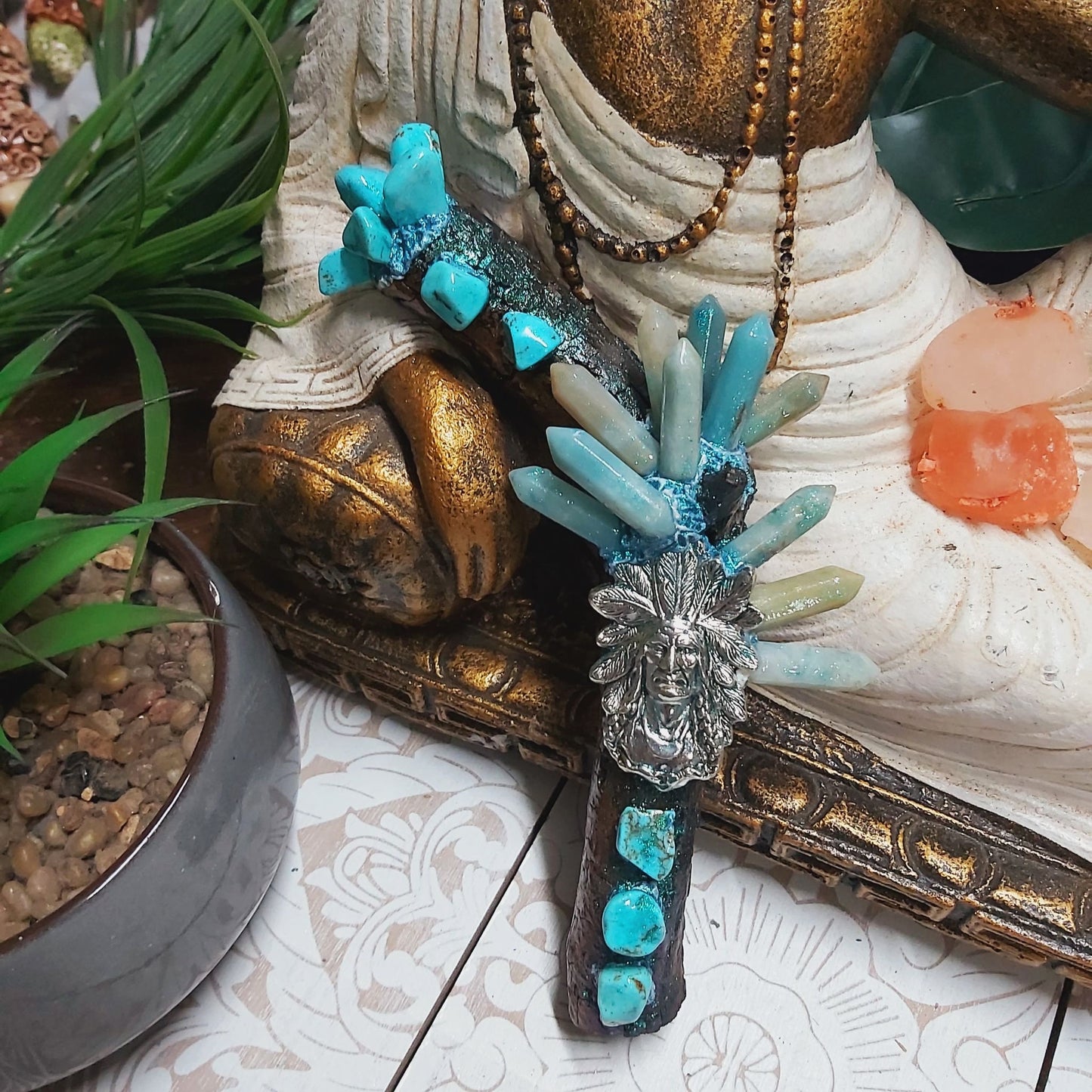 Handmade Zoway Blue Caribbean Calcite & Turquoise Crystal Wand (#162)