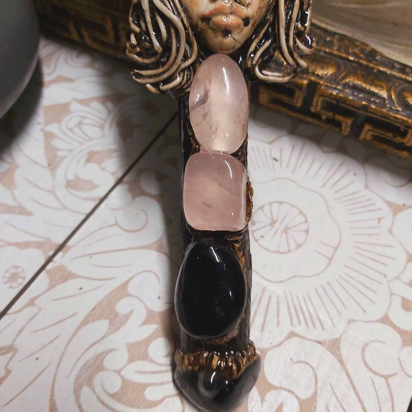 Handmade Lukane Rose Quartz & Black Obsidian Gemstone Crystal Wand (#167)