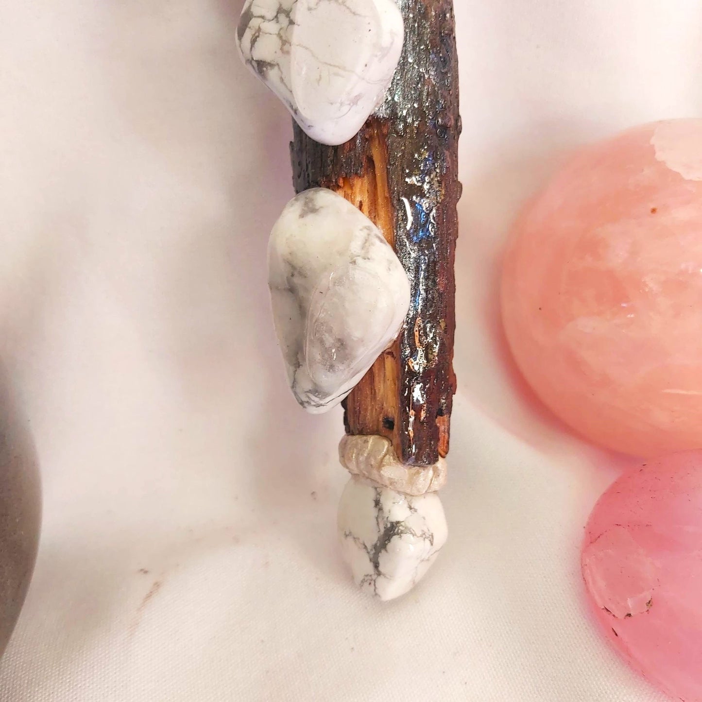 Handmade Pele Clear Quartz & Howlite Gemstone Crystal Healing Wand (#200)