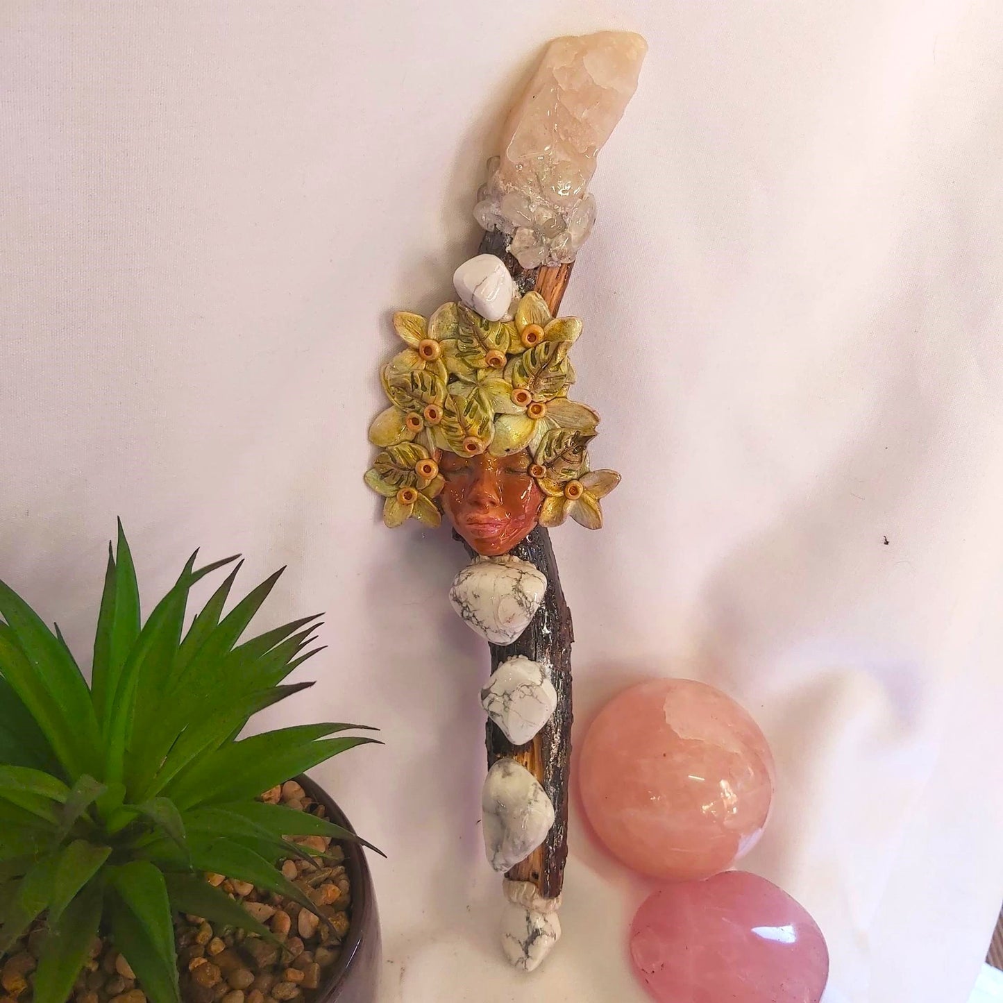 Handmade Pele Clear Quartz & Howlite Gemstone Crystal Healing Wand (#200)